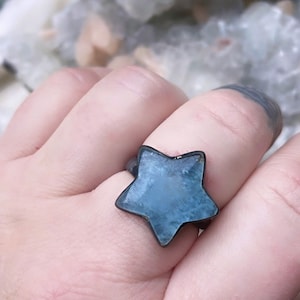 Aquamarine ring, star ring, celestial ring, boho ring, March birthstone