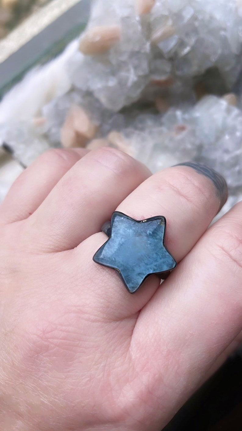 Aquamarine ring, star ring, celestial ring, boho ring, March birthstone image 1