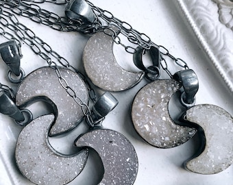 Druzy quartz necklace, crescent moon necklace, raw crystal necklace