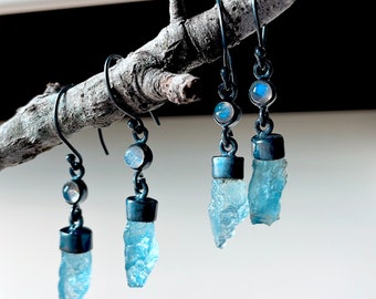 Aquamarine earrings, rainbow moonstone earrings, aquamarine crystal earrings