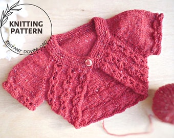 Easy Knitting Pattern Shrug Top Down Cardigan Arabella for Children & Baby Beginner Friendly 0 - 7 years seamless lacy double knitting yarn