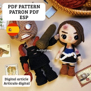Puede incluir: Dos figuras de ganchillo, una de un zombi con cabeza marrón y beige y un atuendo negro, la otra un personaje femenino con cabello castaño y un atuendo negro y azul. El texto en la imagen dice "PDF PATTERN PATRON PDF ESP" y "Digital article Articulo digital."