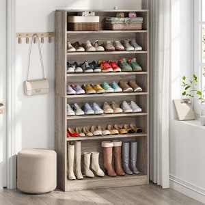 Large Brown Wood Shoe Storage Cabinet, 6 Tier shoe cabinet, Wooden Shoe Cabinet for Entryway, Multi-purpose storage cabinet, Shoe Storage