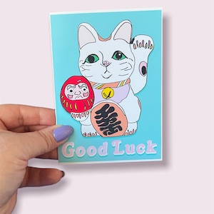 Karta szczęścia Lucky Cat, karta A6, drukowana, z recyklingu, z kopertą Kraft, pusta w środku