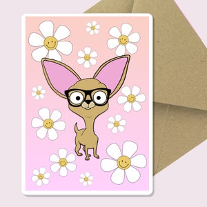 Cartão de felicitações de chihuahua, aniversário, dia das mães, obrigado, cartão em branco, envelope kraft, margarida, carinha sorridente, rosa, fofo