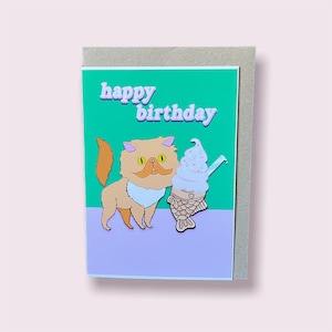 Cartão de aniversário de gato persa, cartão de felicitações, presente, cartão de gato, cartão de nota A6, cartão postal, interior em branco, feliz aniversário, gato ruivo, sorvete