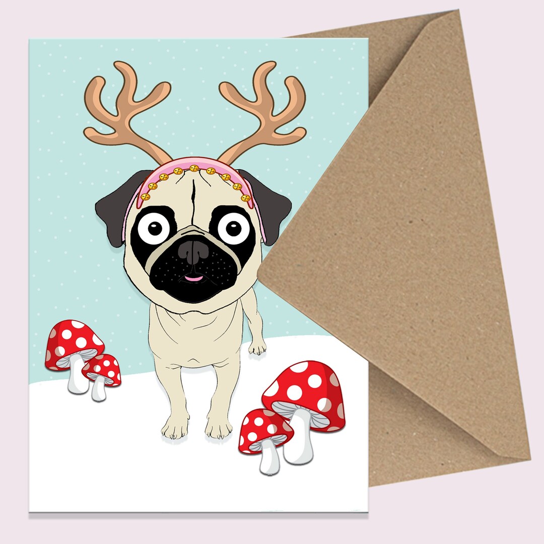 Pug Christmas Card, Antlers, Toadstool's, With Envelope - Etsy
