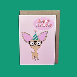 Chihuahua Birthday Card, Dog Card, Greeting Card, Party Hat, Dog Mom Gift