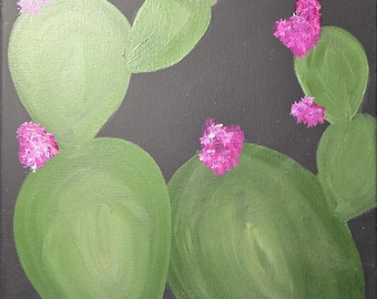Peut inclure: Peinture d'un cactus raquette avec des coussinets verts et des fleurs rose vif sur un fond gris foncé. L'œuvre présente un design simple et stylisé, idéal pour la décoration intérieure.