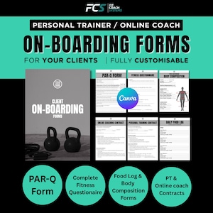 Puede incluir: Un conjunto de formularios de incorporación personalizables para entrenadores personales y coaches en línea, que incluye formulario PAR-Q, cuestionario de fitness, composición corporal, contrato de coaching, contrato de entrenamiento y diario de comidas con logo Canva.
