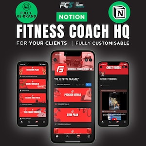 Puede incluir: Tres teléfonos inteligentes que muestran la plantilla de Notion Fitness Coach HQ. Las pantallas presentan interfaces rojas y negras con secciones para planes de nutrición, registros semanales, portales de video y planes de gimnasio.