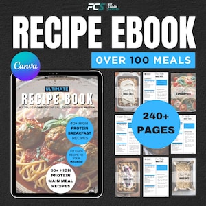 May include: A digital recipe ebook titled Ultimate Recipe Book with over 100 meals and 240+ pages. The cover features a photo of meatballs and pasta with text highlighting high protein breakfast and main meal recipes. Includes sample pages.