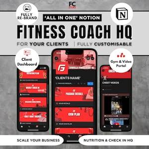 Könnte beinhalten: Drei Smartphones zeigen eine Fitness-App-Oberfläche. Die App bietet ein Kunden-Dashboard, ein Gym- und Video-Portal sowie Ernährungs- und Check-in-Optionen. Der Text enthält "Fitness Coach HQ" und "Scale Your Business".