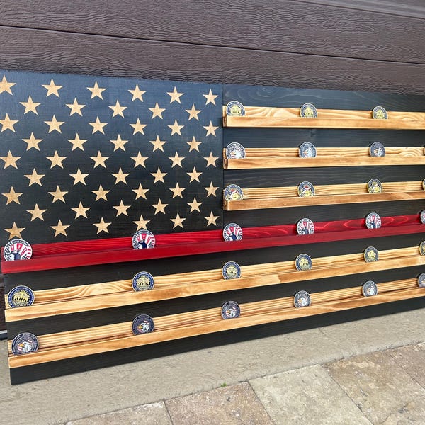 Handcrafted Wooden American Flag Challenge Coin Display: Rustic Patriotic Decor