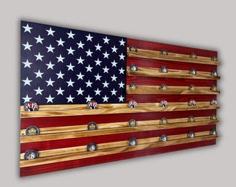 U.S. Marshal Wooden American Flag Challenge Coin Display, Holds 90