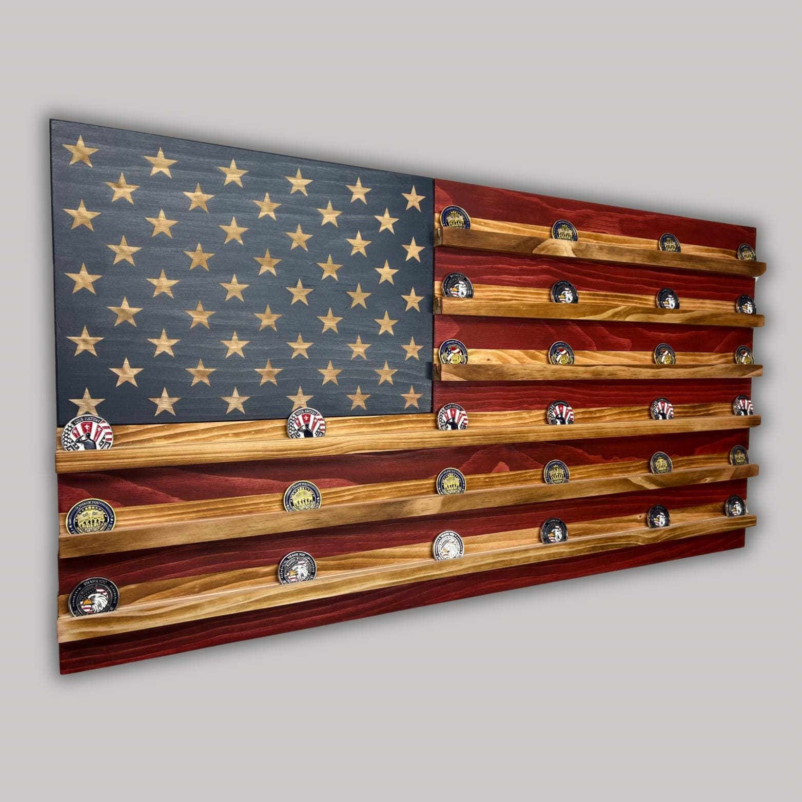 Handcrafted Rustic American Flag Challenge Coin Display: 37x19"