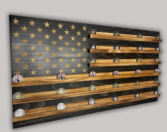 Handcrafted Wooden American Flag Challenge Coin Display: Rustic Military, Police, Firefighter