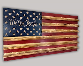 Handcrafted Wooden American Flag Challenge Coin Display: Rustic Patriotic Decor