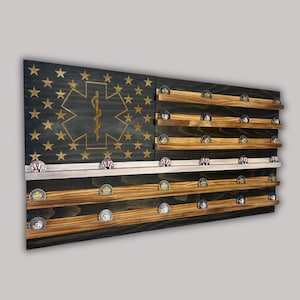 Unique Handcrafted Wooden American Flag Challenge Coin Display Rack Holder, EMS, Nurse, Thin White Stripe, Rustic Patriotic 37x19&quot;