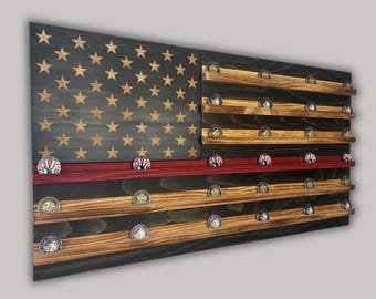 Handcrafted Wooden American Flag Challenge Coin Display: Rustic Patriotic Decor