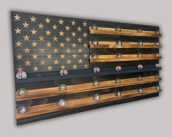 Handcrafted Wooden American Flag Challenge Coin Display: Thin Blue Line, Police Gift