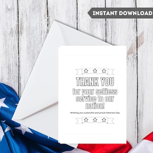 Cartão de colorir de agradecimento do Dia dos Veteranos para download instantâneo. Dobre pela metade 5x7 tamanho finalizado. Pinte e entregue para um agradecimento pessoal e sincero