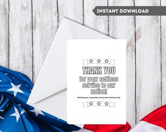 Tarjeta para colorear de agradecimiento por el Día de los Veteranos (descarga digital)