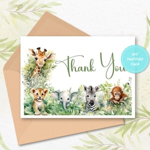 Animais bebês do Safari na Selva, Cartões de Agradecimento para Imprimir, Presente para Bebê 5x7 Dobrável pela Metade, Cartões de Agradecimento em Branco, Download Instantâneo de Cartões de Agradecimento 5x7