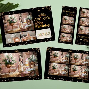 May include: Black and gold photo booth backdrop with a gold crown and the text "Andrea's 18th Birthday". The backdrop is decorated with gold stars and confetti. There are four photo strips with images of a birthday party.
