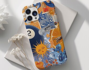 European Summer Collage Phone Case, Trendy Cute Orange Blue Aesthetic, Travel Phone Cover iPhone 16 15 14 13 12 11 X Samsung S23 S22 S21