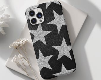 Silver Star Phone Case, Star Girl Aesthetic, Cute Trendy Denim Print, Y2K IT Girl, Sparkly Minimalist, iPhone 16 15 14 13 12 11 X Samsung