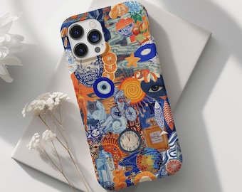 European Summer Phone Case, Trendy Cute Orange Blue, Aesthetic Collage, Travel Phone Cover, iPhone 16 15 14 13 12 11 X Samsung S23 S22 S21