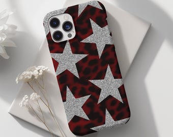 Silver Star Phone Case, Star Girl Aesthetic, Cute Trendy Red Leopard Print, Y2K Sparkly Minimalist Cover, iPhone 16 15 14 13 12 11 X Samsung
