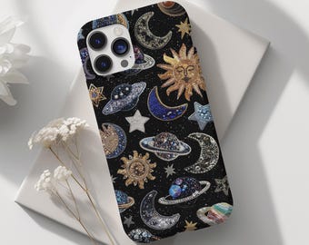 Celestial, Vintage Mosaic Tiles Phone Case, Cute Aesthetic Collage, Space Phone Case, Trendy iPhone 16 15 14 13 12 11 X Pro Max Plus Samsung