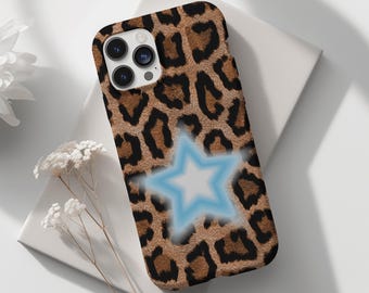 Leopard Print Phone Case, Blue Star Aura Phone Cover, Cute Trendy Y2K Aesthetic, Star Girl, iPhone 16 15 14 13 12 11 X Samsung S23 S22 S21