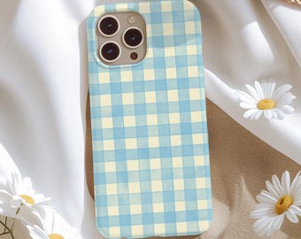 Yellow & Blue Gingham Phone Case, Trendy Aesthetic Cover, iPhone 17 16 15 14 13 12 11 X 8 7 Pro Max Plus Air, Samsung S26 S25 S24 Ultra