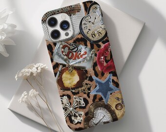 Cool Girl Leopard Print Phone case, Mosaic Charms, Cute Trendy Aesthetic Collage Phone Cover, iPhone 16 15 14 13 12 11 X Samsung S23 S22 S21