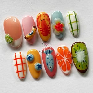 Virbrant Almond Nail Set for Summer with Fruit, Flowers, Fish, Summer Press On Nails, Ocean Nail Art, Handmade Nail Art for Holiday/Vacation