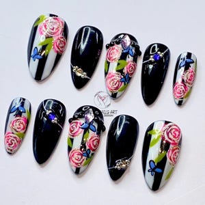 3D Garden Roses Press On Nails, Custom Fake Acrylic Nails, Hand-painted Press on, Gel Nails, Floral Glue On Nails, Elegant Nails, Nail Art.