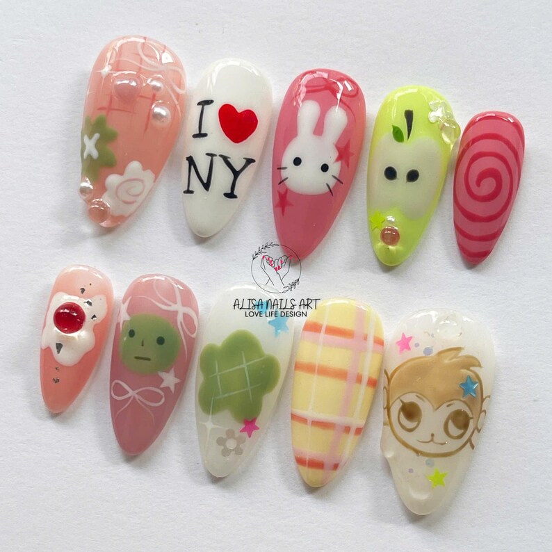 Cartoon Nails, Kawaii Nails, Pastel Nails, Unique Nails, Simski Nails, Handmade Nails, Custom Nails, Fantasy Nails, Colorful Nails, Star Nails, 3D Charm Nails, Cute Nails, Artistic Nails, Miffy Nails