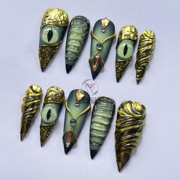 Fantasy Dragon Eye Press On Nails, Gold Armor Reptile Scale Sculpted Handmade Set