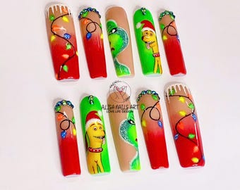 Grinch for Christmas Holiday, Christmas Lights Press On Nails, Christmas Theme Nail Art in Fake Nails With Lights, Custom Christmas gift.