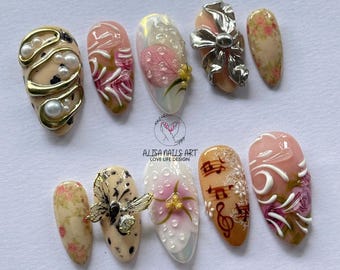 Elegant 3D Press On Nails, Almond Nail Set with Pearl, Bow and Butterfly, Custom Floral Nail Art, Vintage Romantic False Nails, Spring Nails