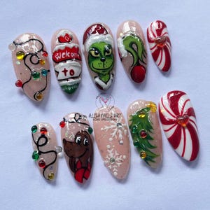 Unique Grinch Fake Nails, Christmas Press On Nails, Holiday Nail Art, Candy Cane Nails, Handmade Xmas Nails, Winter Snowflake Nail Set, Gift