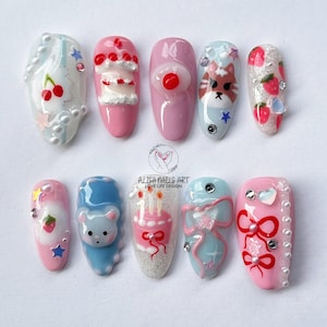 Handbemalte Geburtstagskuchen Press-On-Nägel, 3D Miffy Nagelset, Geburtstagsnägel, Künstlerisches Nageldesign, Cartoon Nagel, Benutzerdefinierte Fantasy Nägel, Geschenk