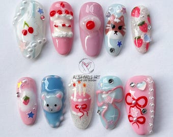 Hand-painted Birthday Cake Press On Nails, 3D Miffy Nail Set, Birday Nails, Artistic Nail Design, Cartoon Nail, Custom Fantasy Nails, Gift