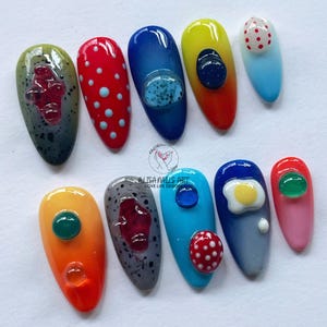 Colorful Hand-painted Nail Art, Almond Nail Set With Abstract Dots, Fun Shapes & Egg Design, Unique Custom Press On Nails for Trendy Look.