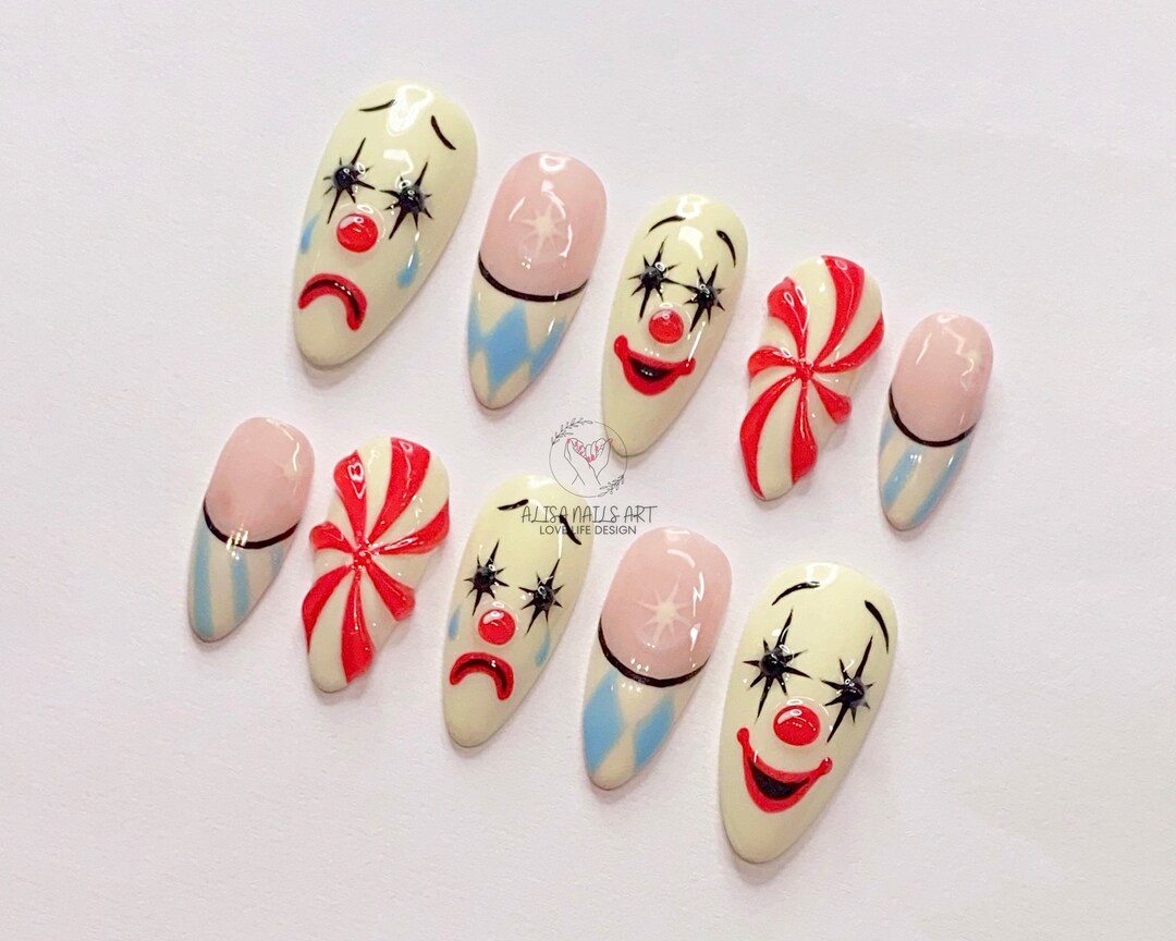 Halloween Almond Nail Set, Clown Lover Press on Nails, Halloween Theme Trendy Made Fake Nails for Holiday Vacation Prom Nails, Gift for Her. - Etsy Japan