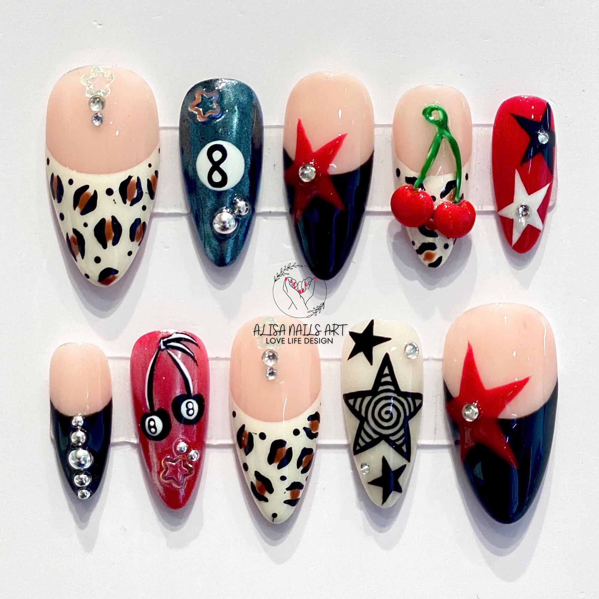 YATI NAIL 様 オーダー品 Hand-painted Almond Nail Set With Ball Number 8, Cheetah Print
