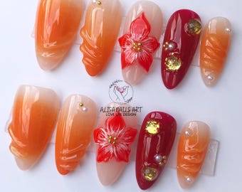 Sunset Flower Almond Press On Nail, Custom Design Nail Art for Autumn, Fake/Fall Nail for Party, Holiday Nail, 3D Gel Nails, Gift For Her.
